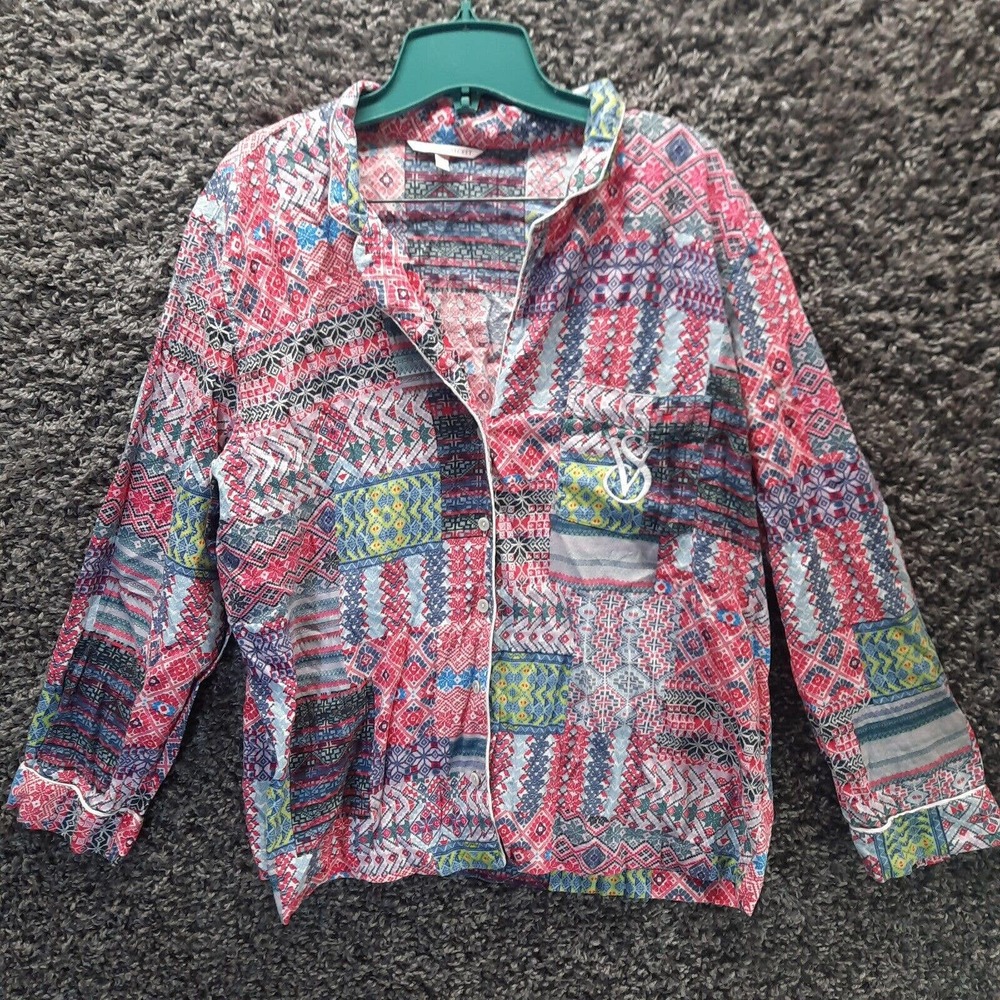 Victoria Secret PJ Top Sleep Shirt Women Large Pink Abstract Busy Sleepwear Top